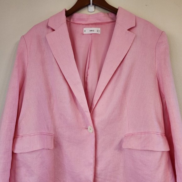 MNG by Mango Women Blazer Suit 100 Linen, Line, 1 botton front, Pockets, Lined - Picture 4 of 15
